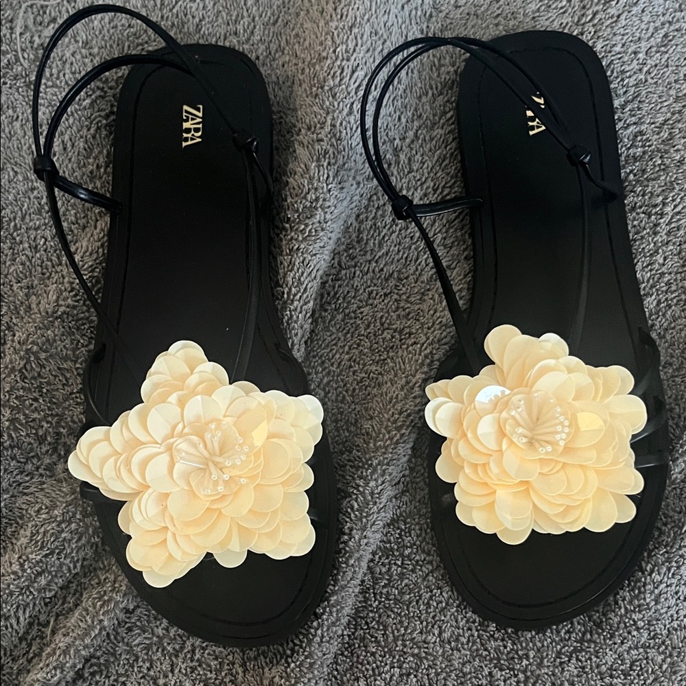 Zara Black Sandals with Cream Floral Detail